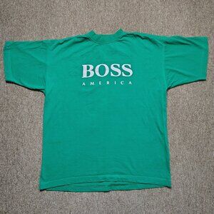 Vintage HUGO BOSS Shirt Men XL Green BOSS Spellout Graphic Short Sleeve USA